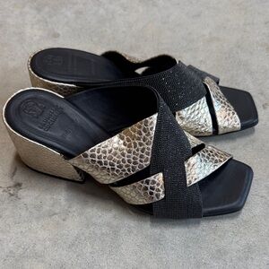 Brunello Cucinelli Black and Gold Textured Mules